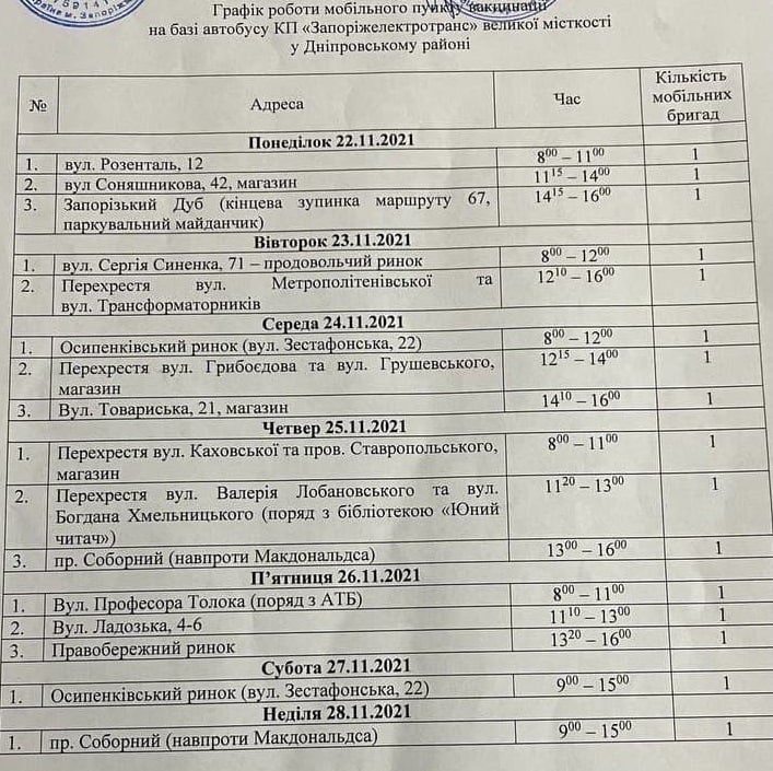 График работы пункта вакцинации в автобусе в Запорожье