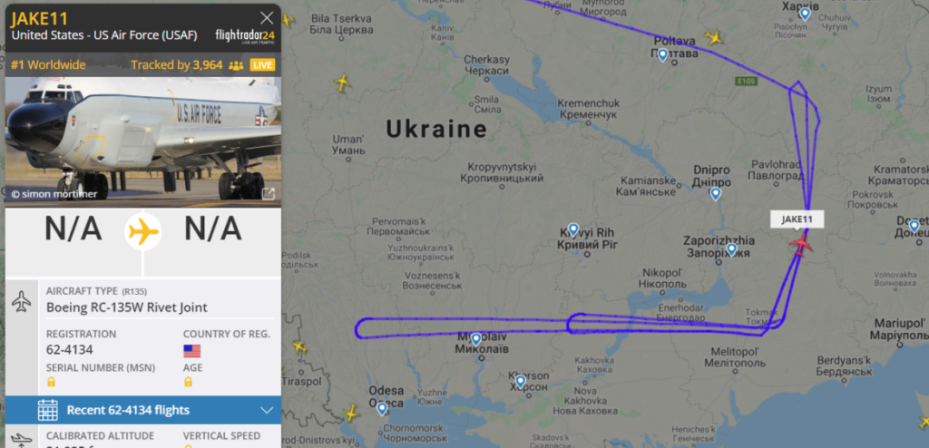 Маршрут самолета-разведчика Boeing RC-135W Rivet Joint