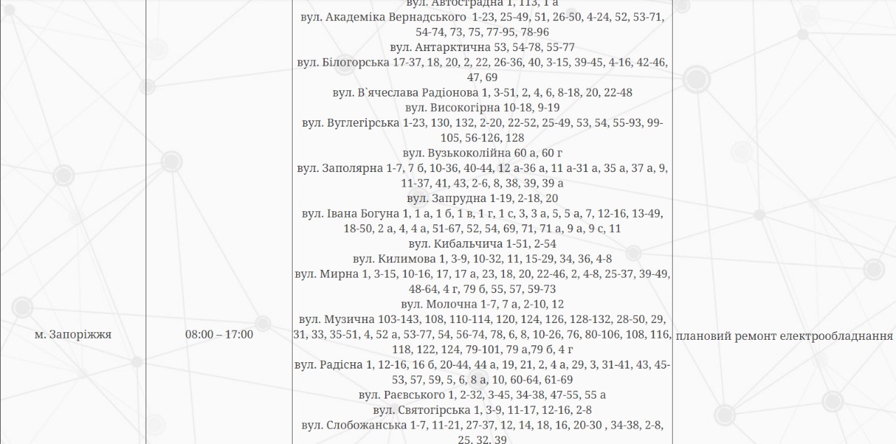 Відключення світла у Запоріжжі 4 квітня