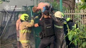 Завис головою донизу: у Запоріжжі чоловік застряг на металевій огорожі (ФОТО)